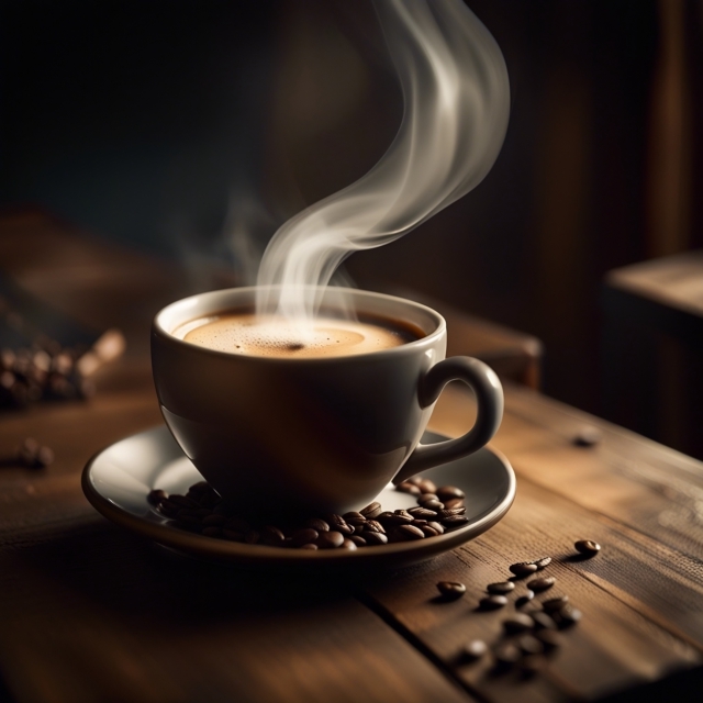 Cup of Coffee with Steam on Wooden Table in front of City Skyline