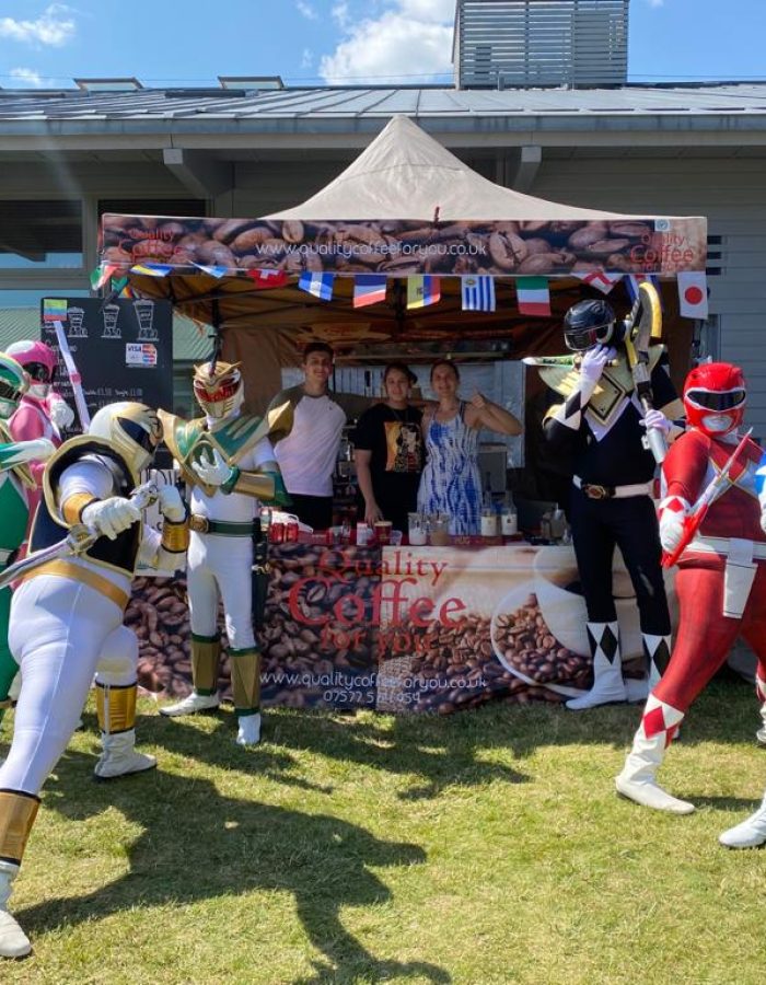 The Power Rangers enjoying Quality Coffee For You at Comic Con in Ipswich in 2021